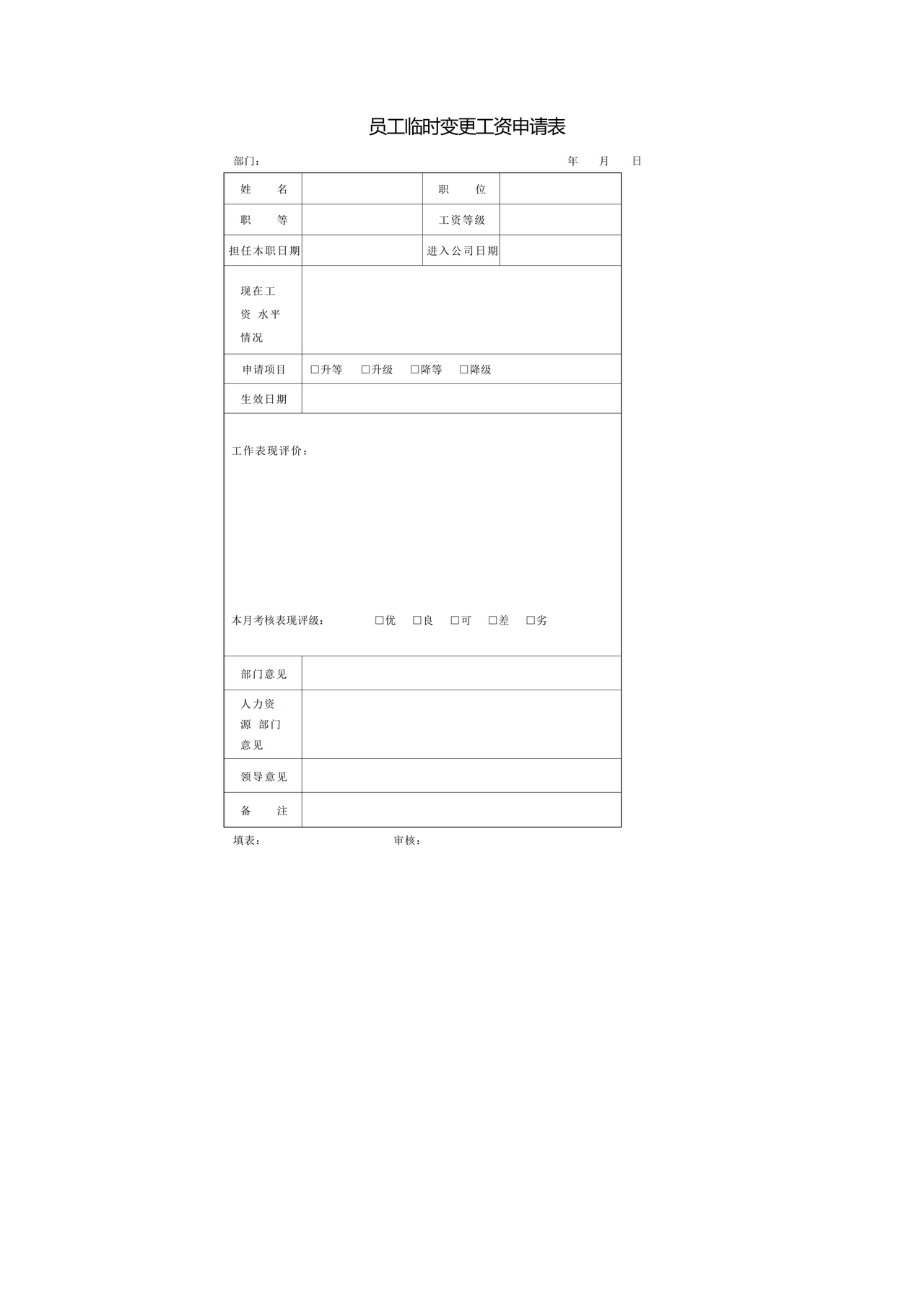 员工临时变更工资申请表