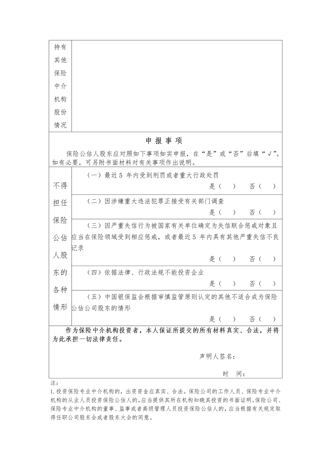 保险公估机构投资人基本情况登记表（自然人股东）