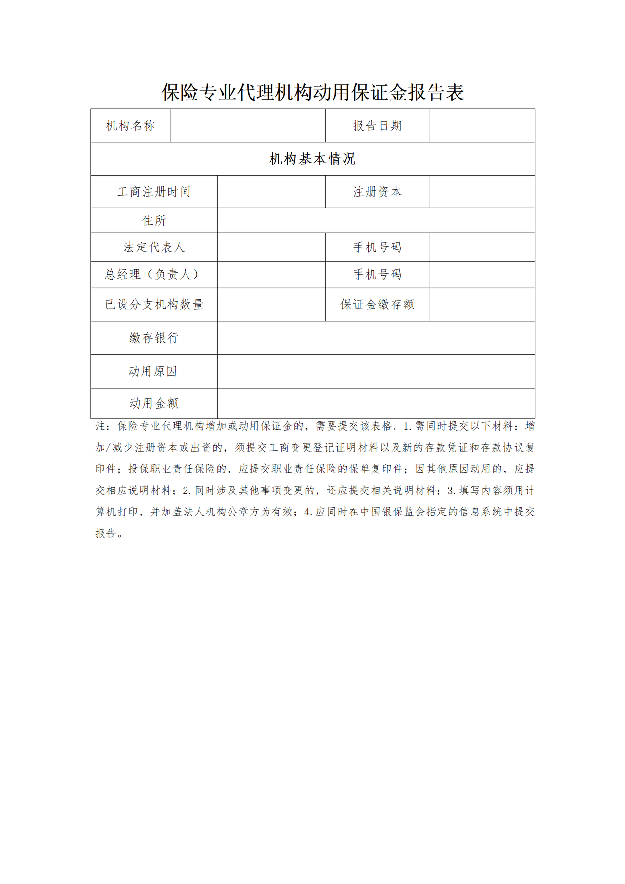 保险专业代理机构动用保证金报告表