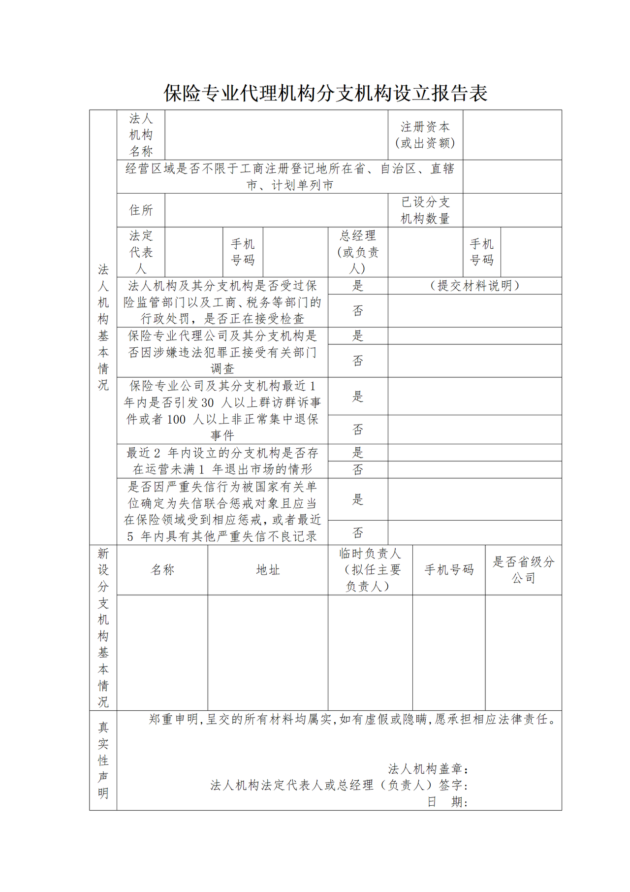 保险专业代理分支机构设立报告表