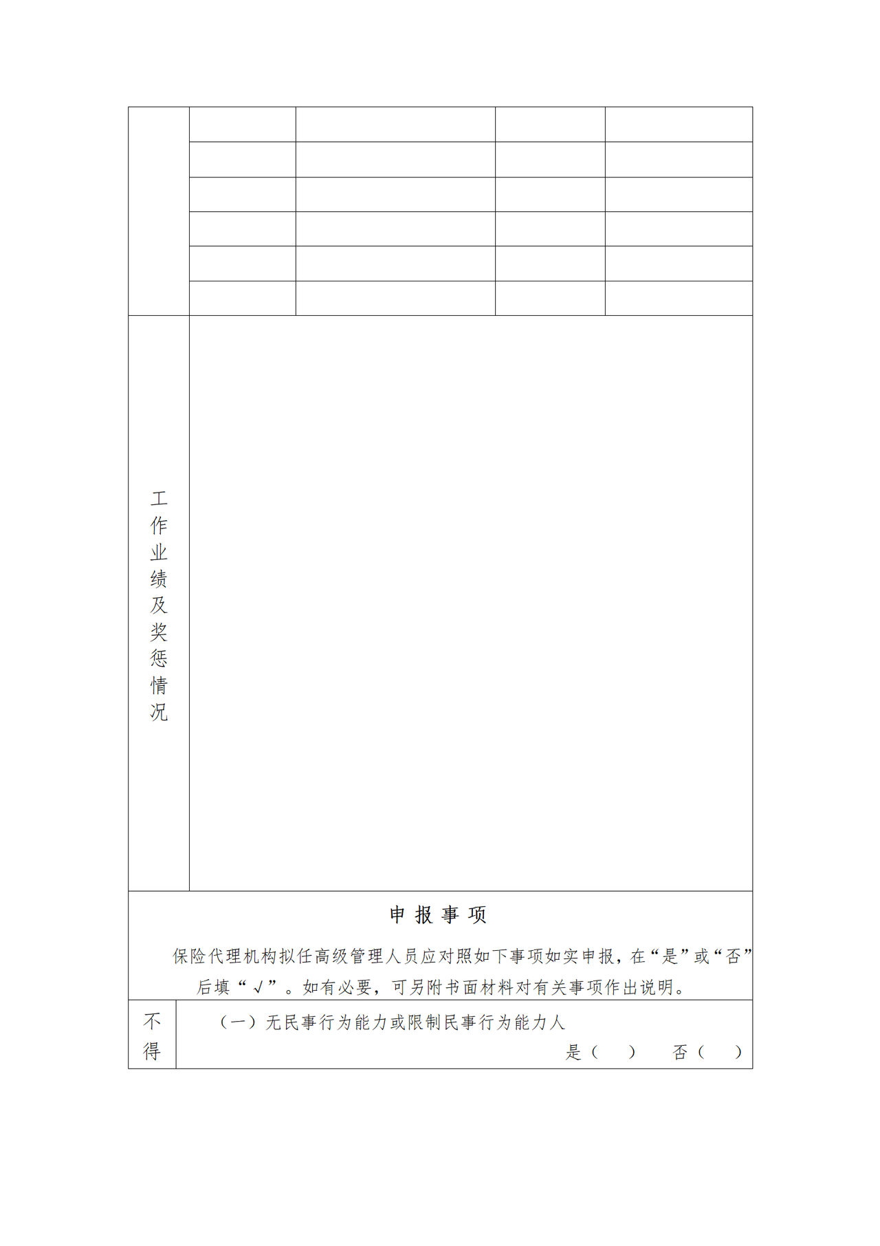 保险专业代理机构高级管理人员任职资格申请表