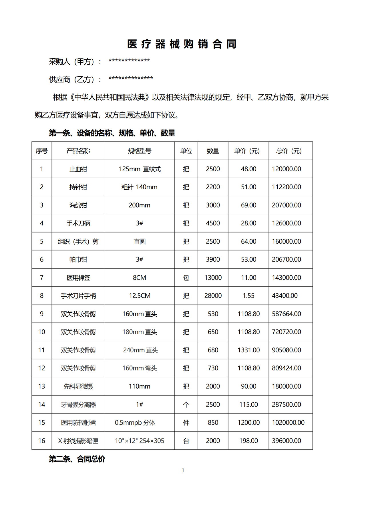 医疗器械销售合同