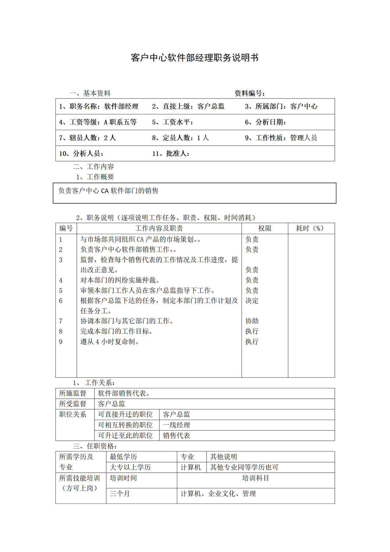 客户中心软件部经理职务说明书