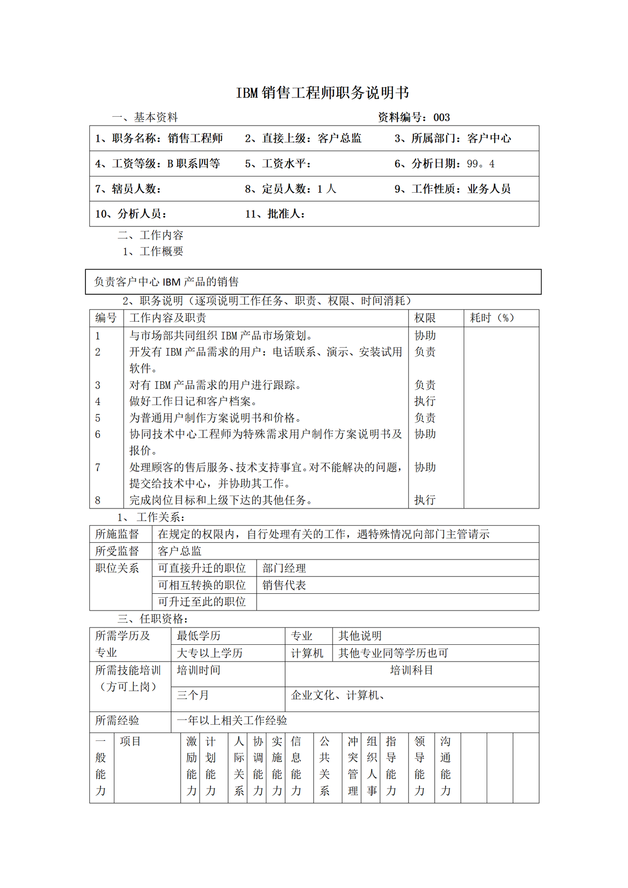 IBM销售工程师职务说明书