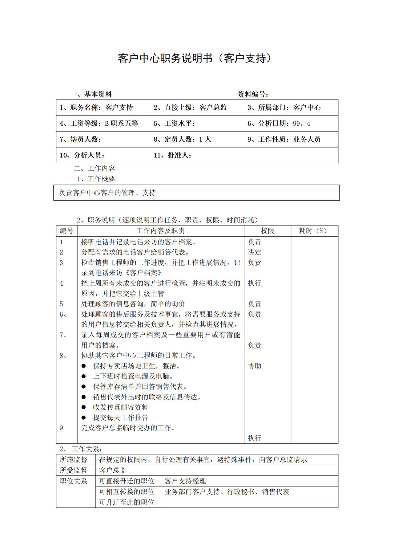 客户中心职务说明书（客户支持）