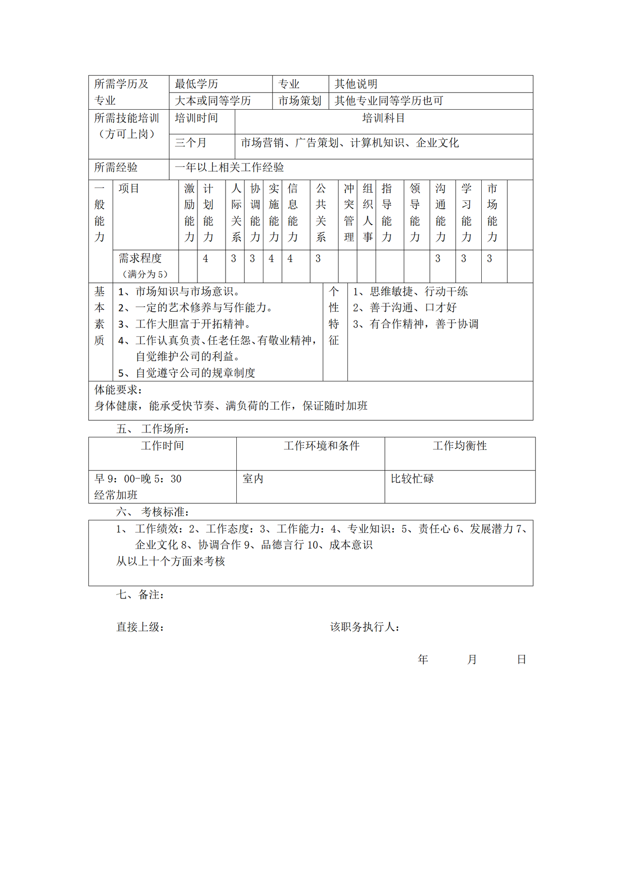 职务说明书(市场部干事)