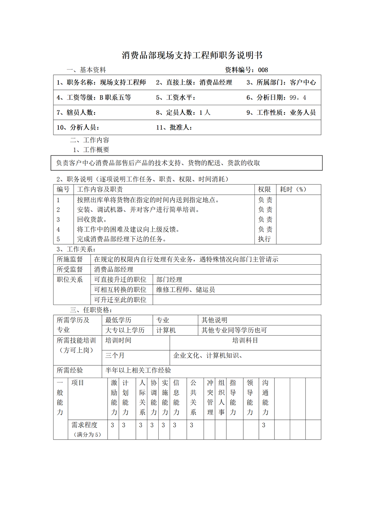 消费品部现场支持工程师职务说明书