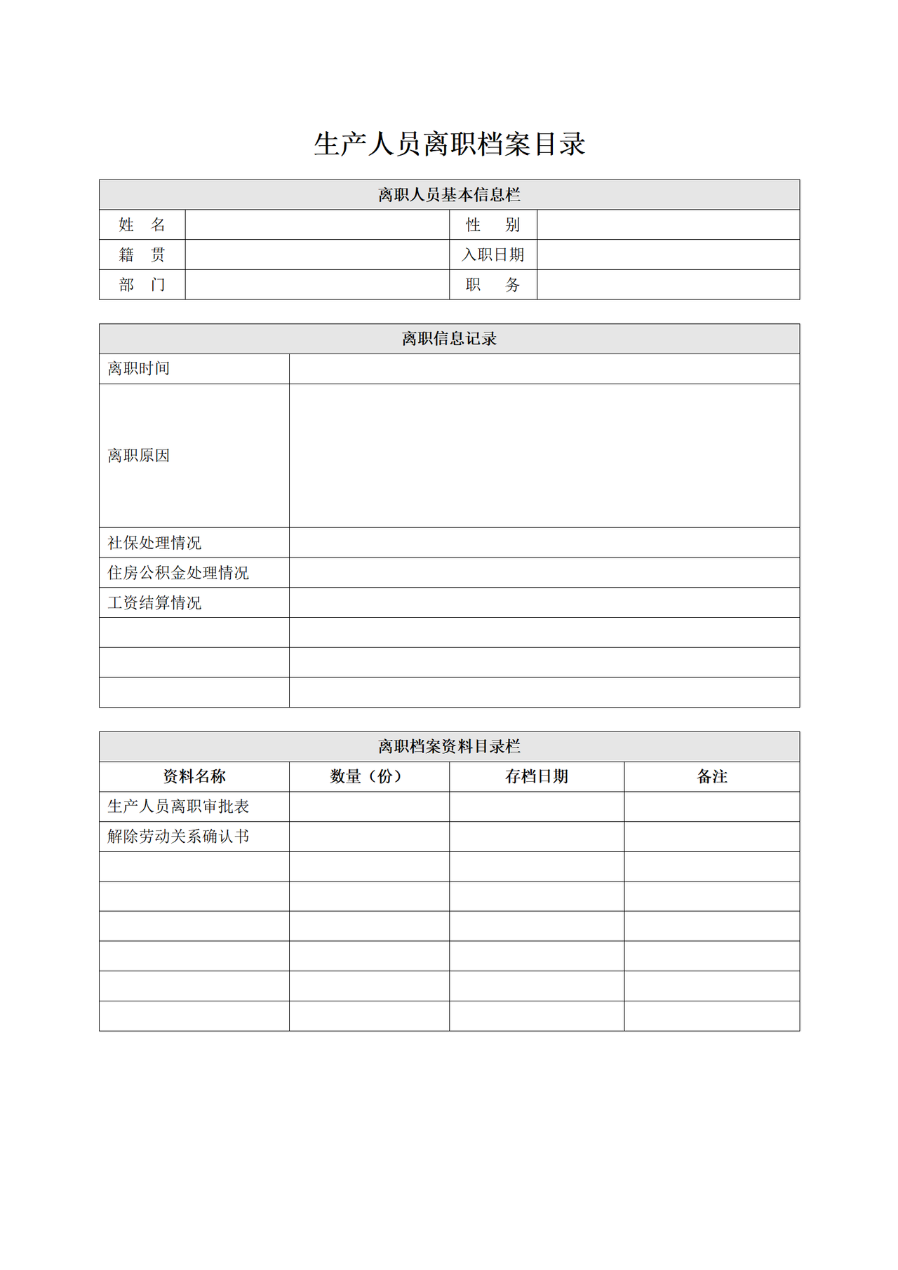 生产人员离职档案目录