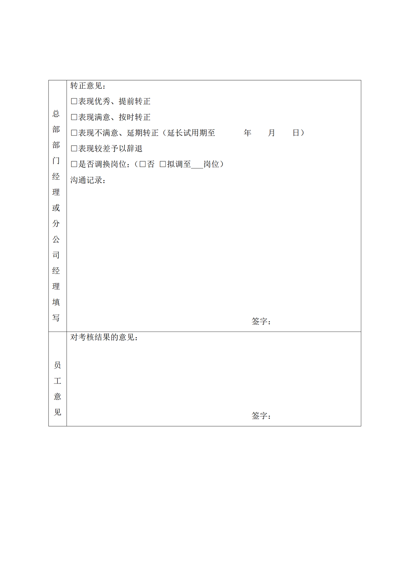 试用员工(部门主管级及主管级以上)转正评估