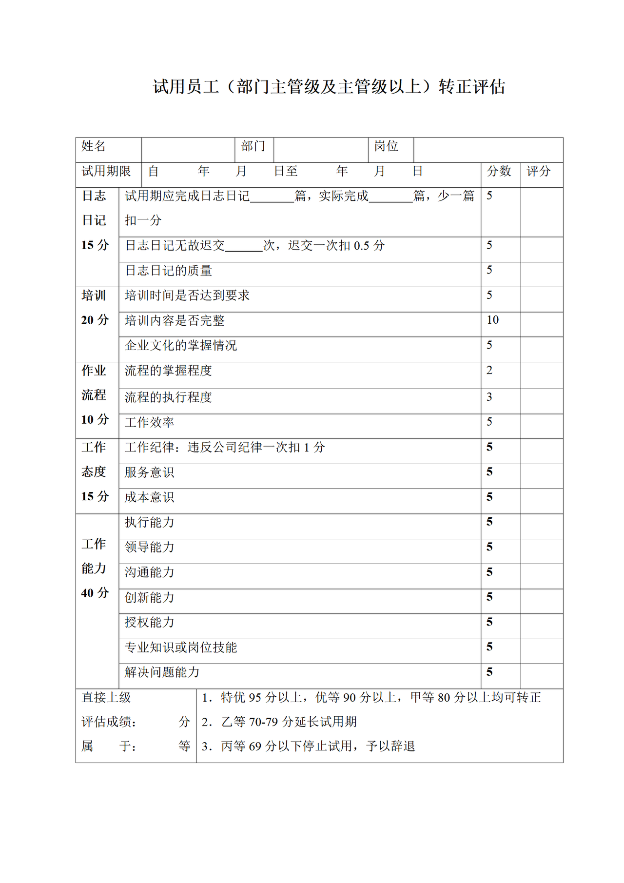 试用员工（部门主管级及主管级以上）转正评估