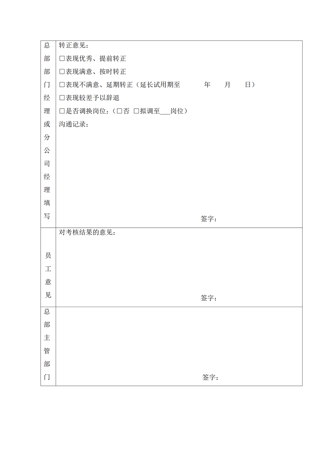 试用员工(主管级以下)转正评估