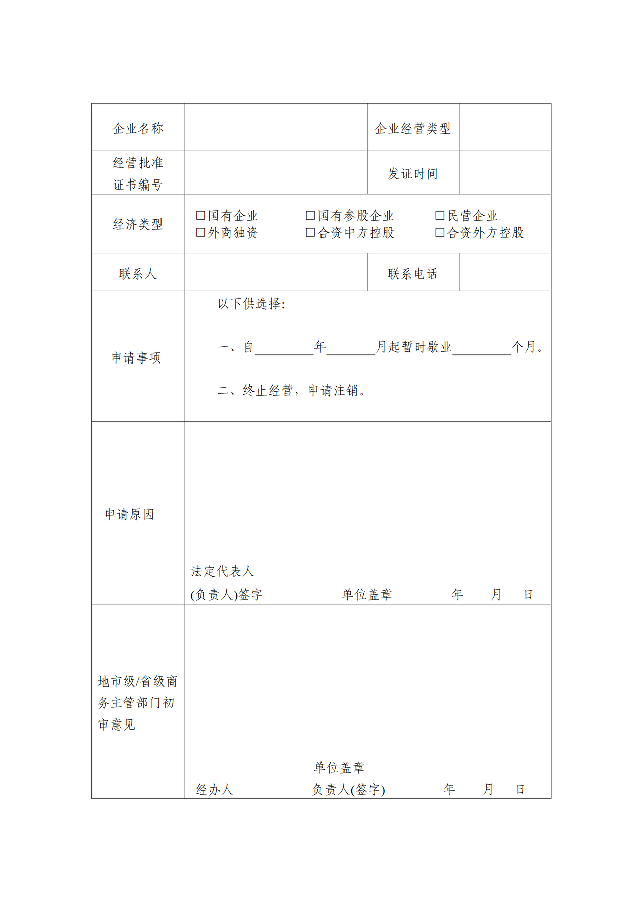 成品油经营企业注销申请表