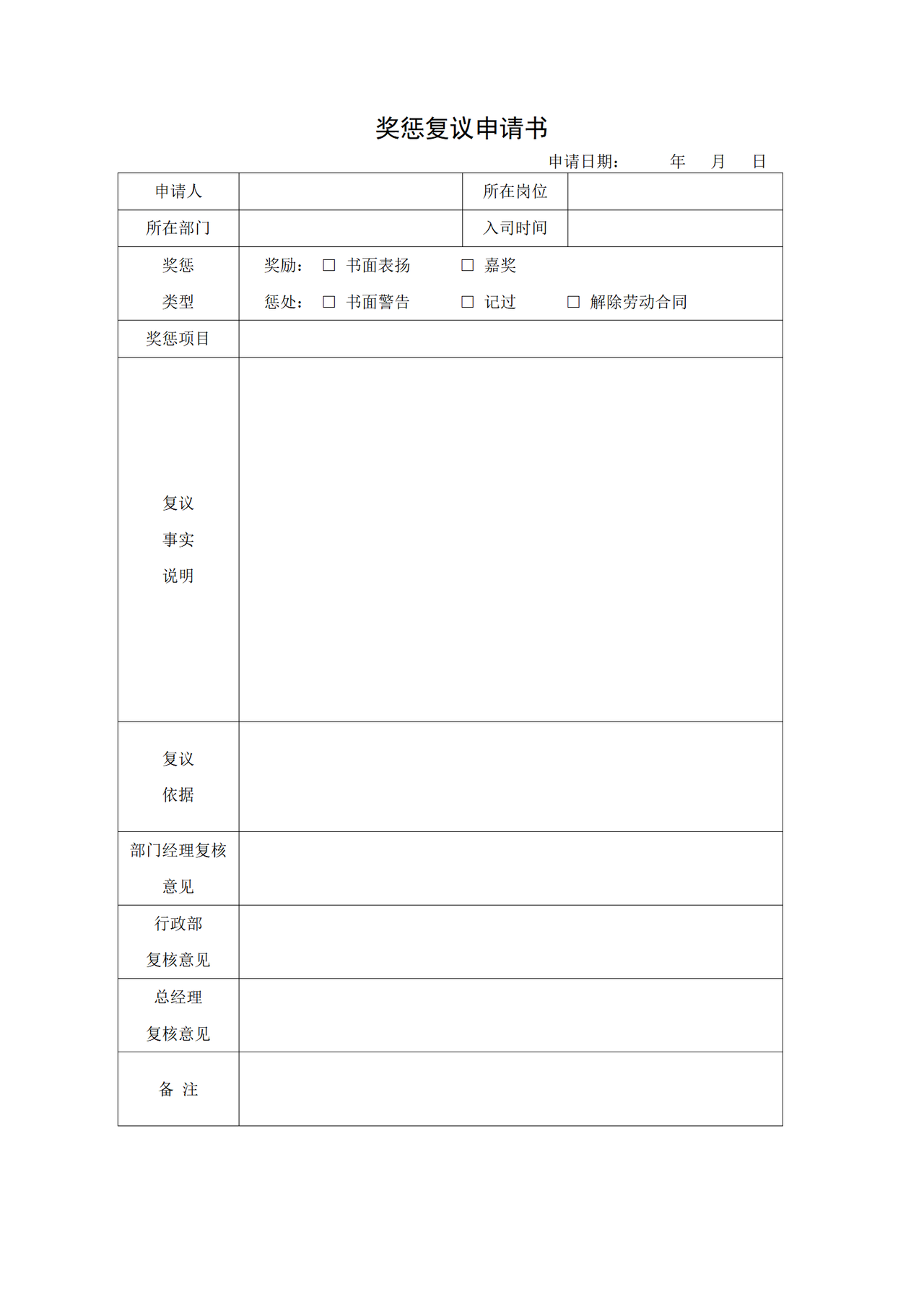 奖惩复议申请书