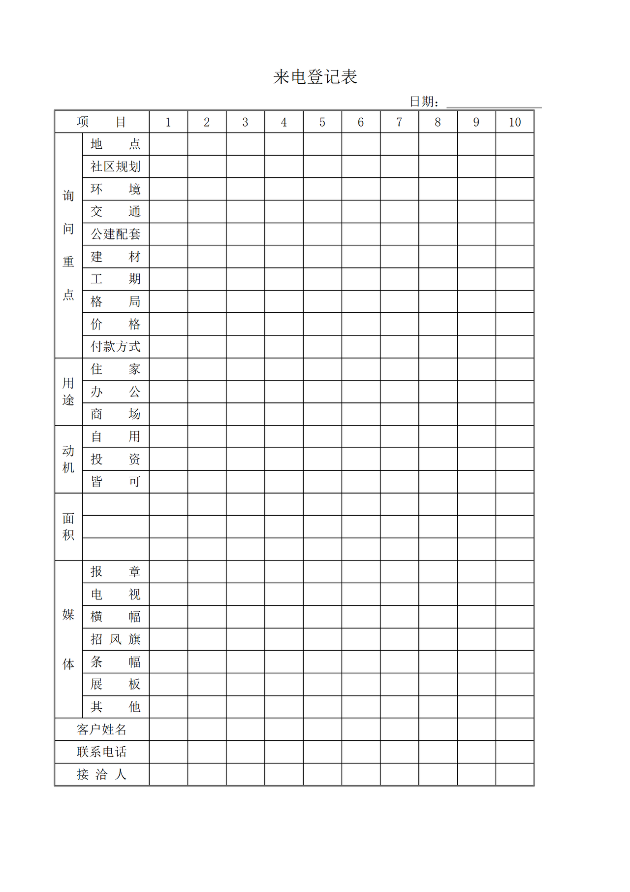 来电登记表