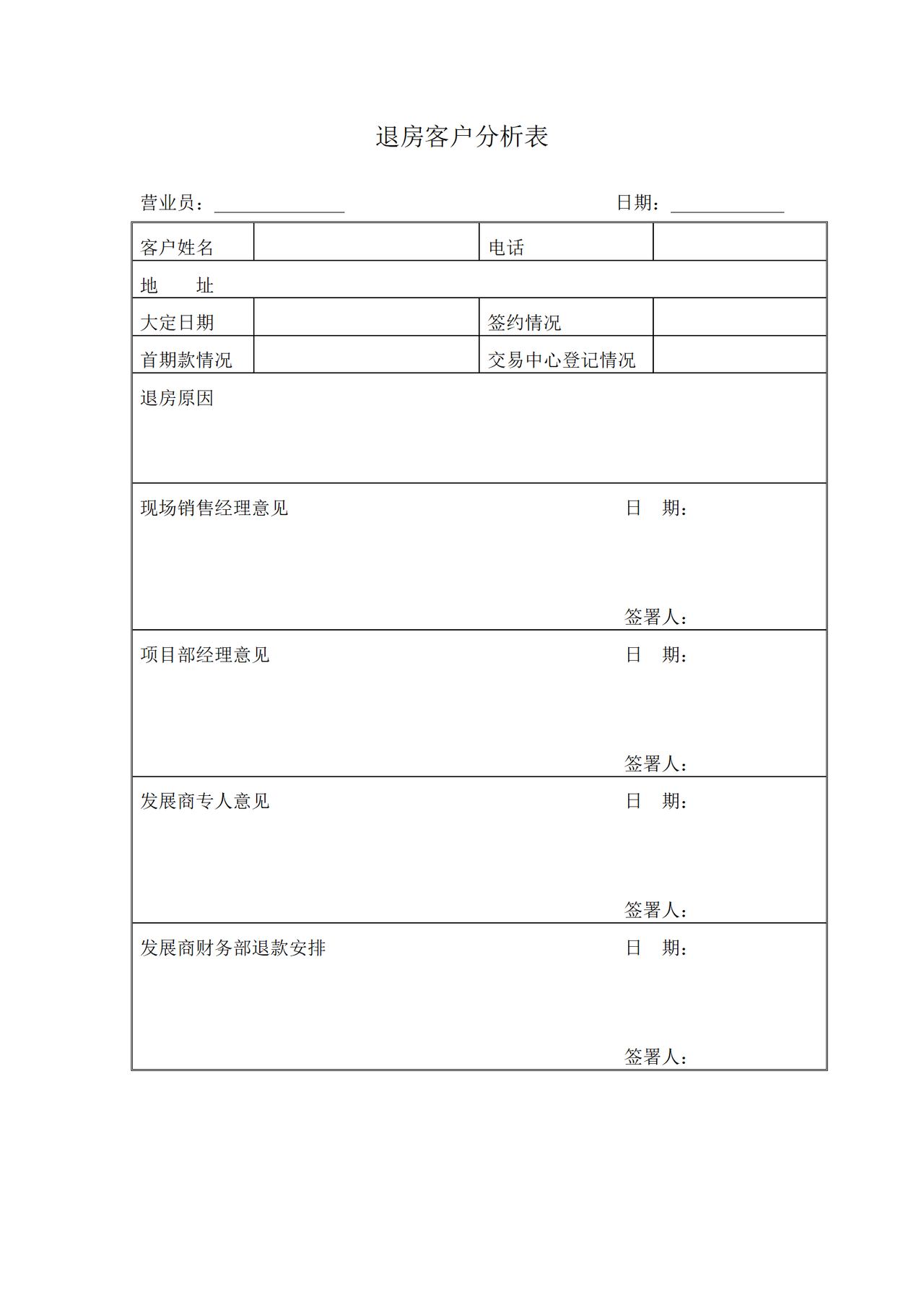 退房客户分析表