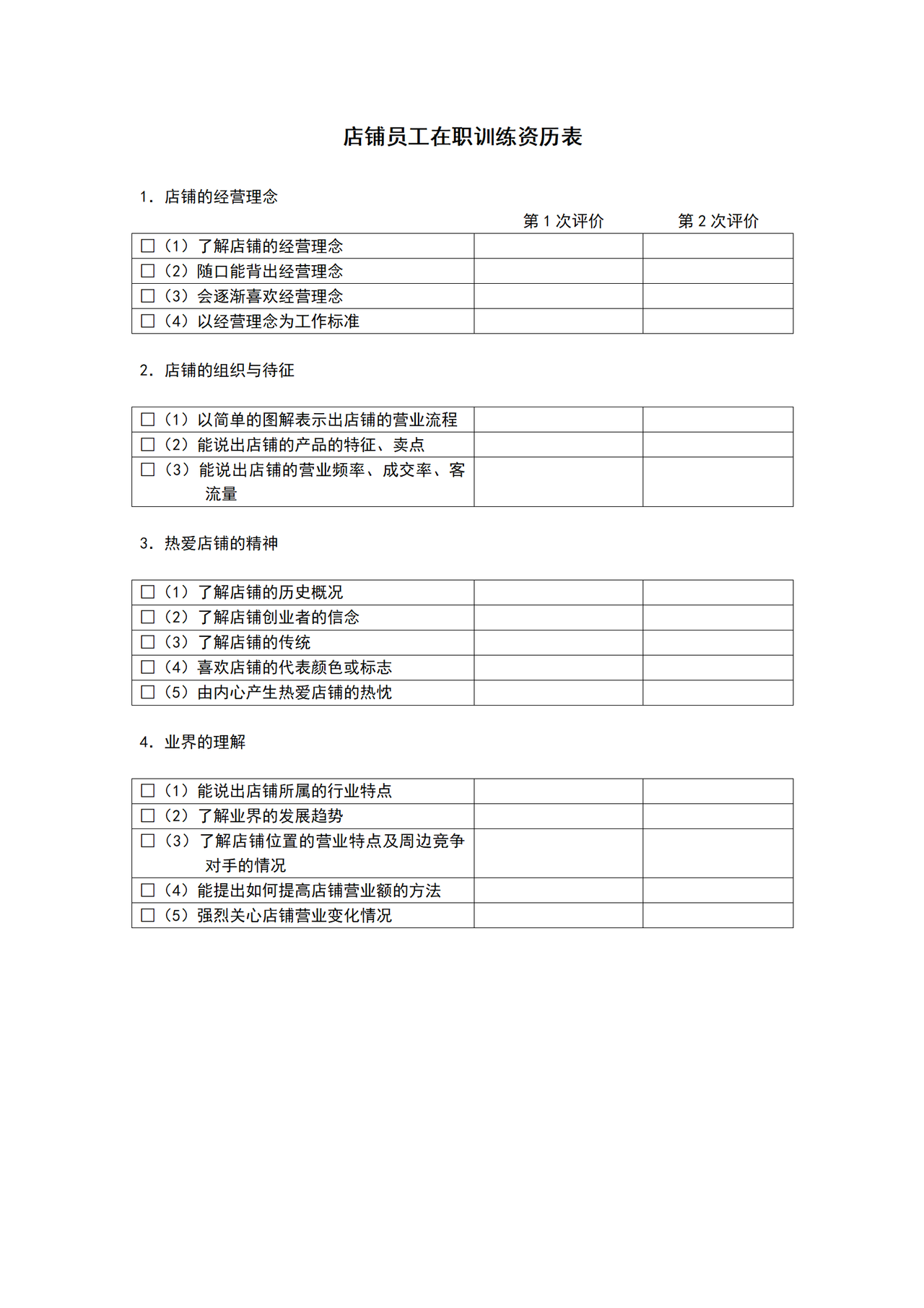 店铺员工在职训练资历表