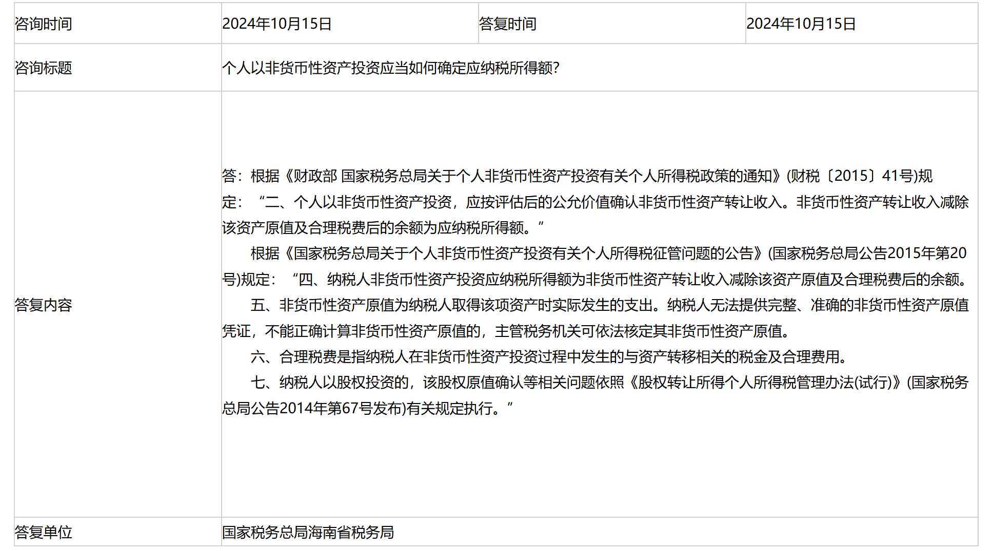 国家税务总局海南省税务局——个人以非货币性资产投资应当如何确定应纳税所得额？-1