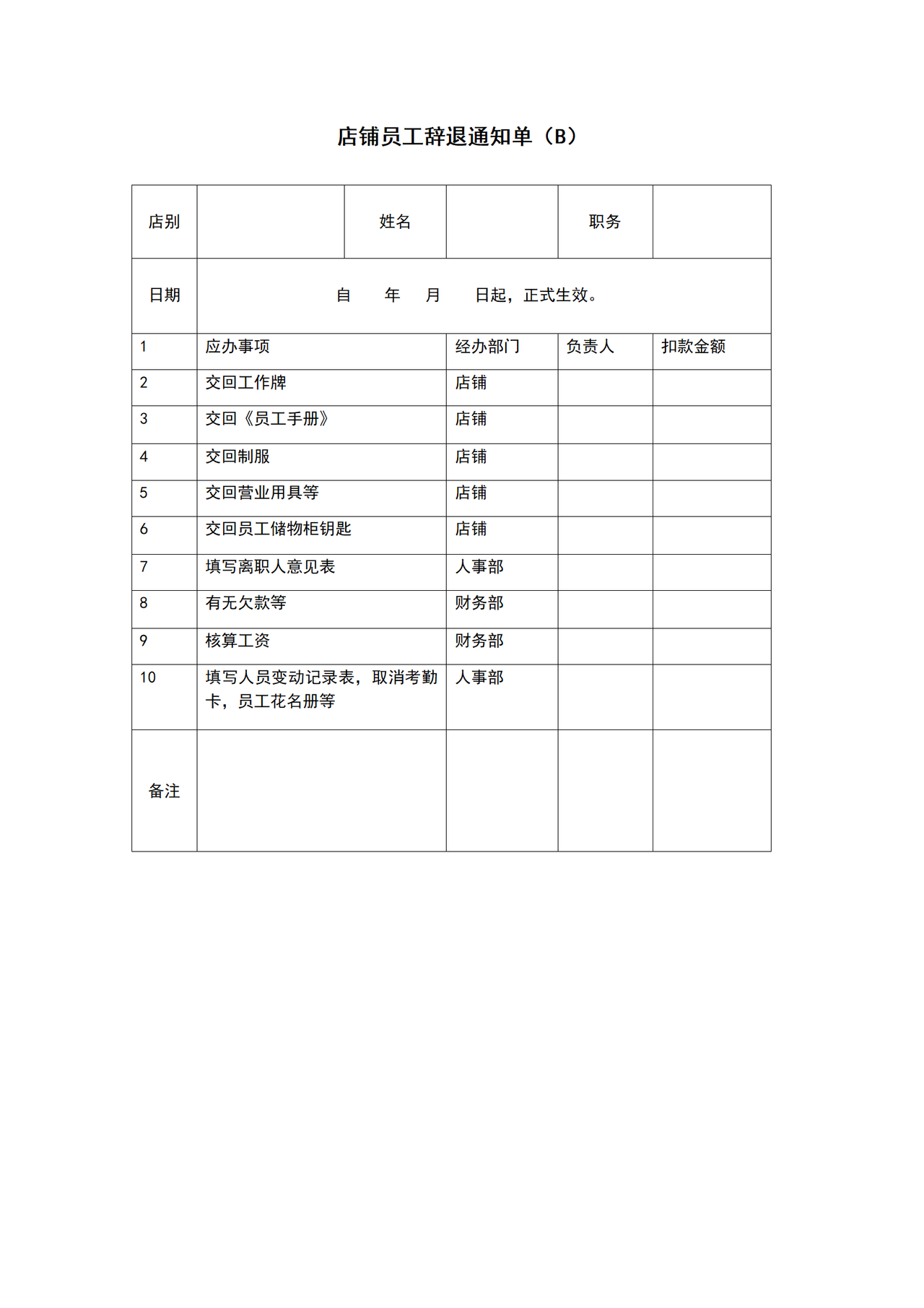 店铺员工辞退通知单（B）