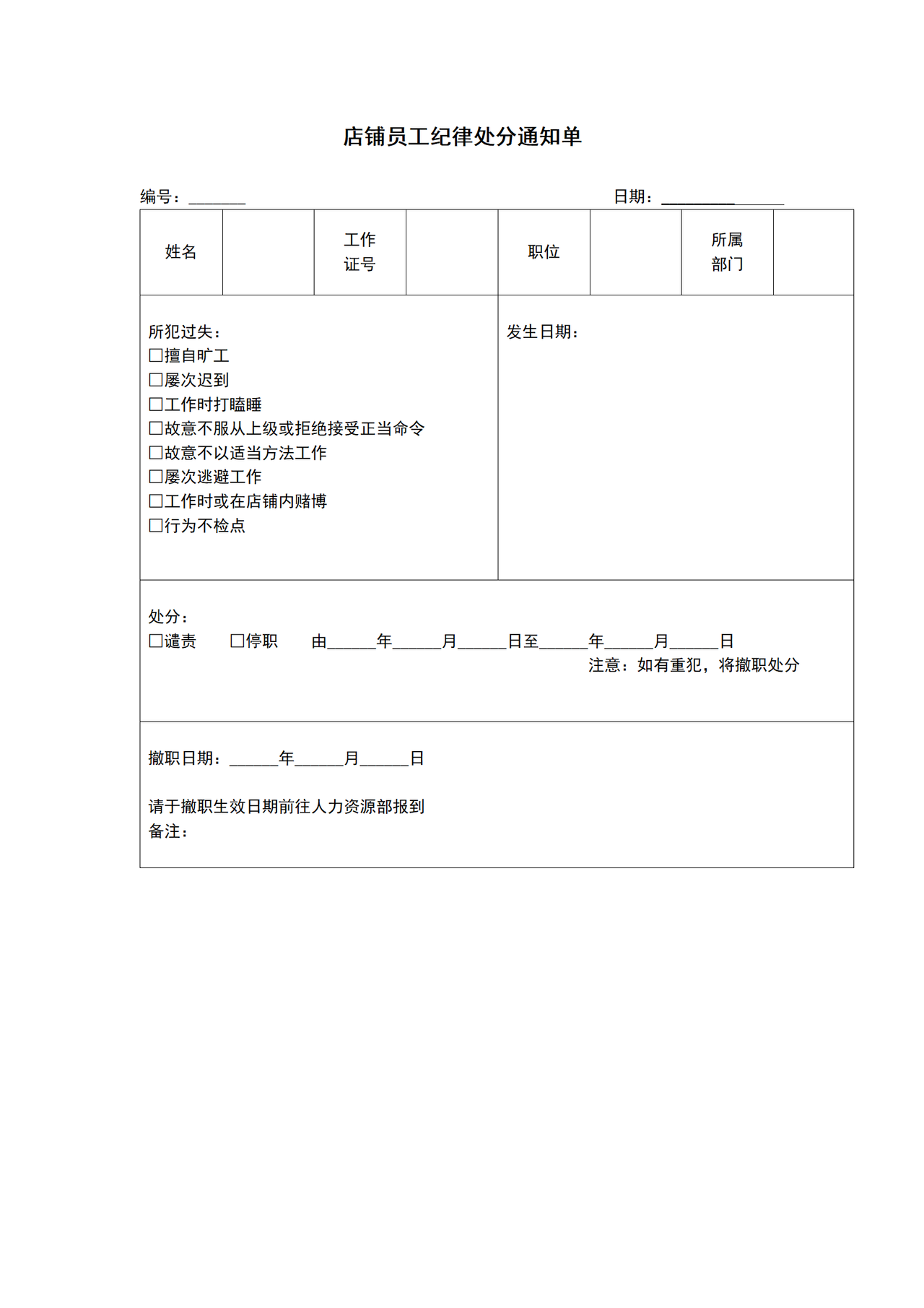 店铺员工纪律处分通知单