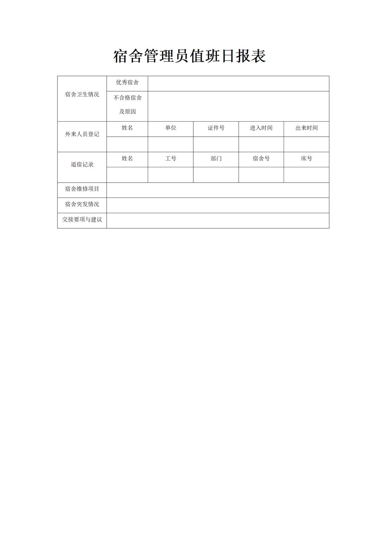 宿舍管理员值班日报表
