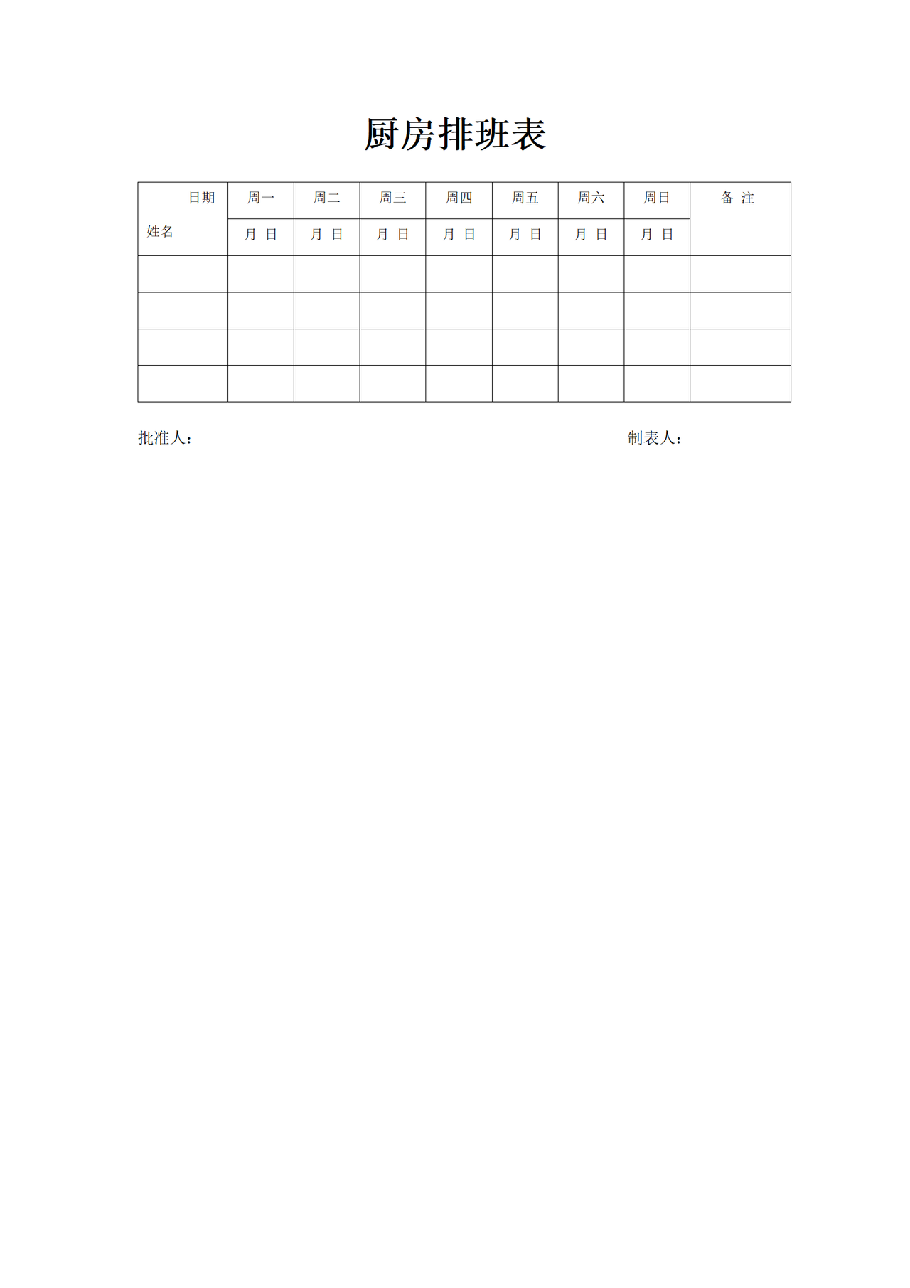 厨房排班表
