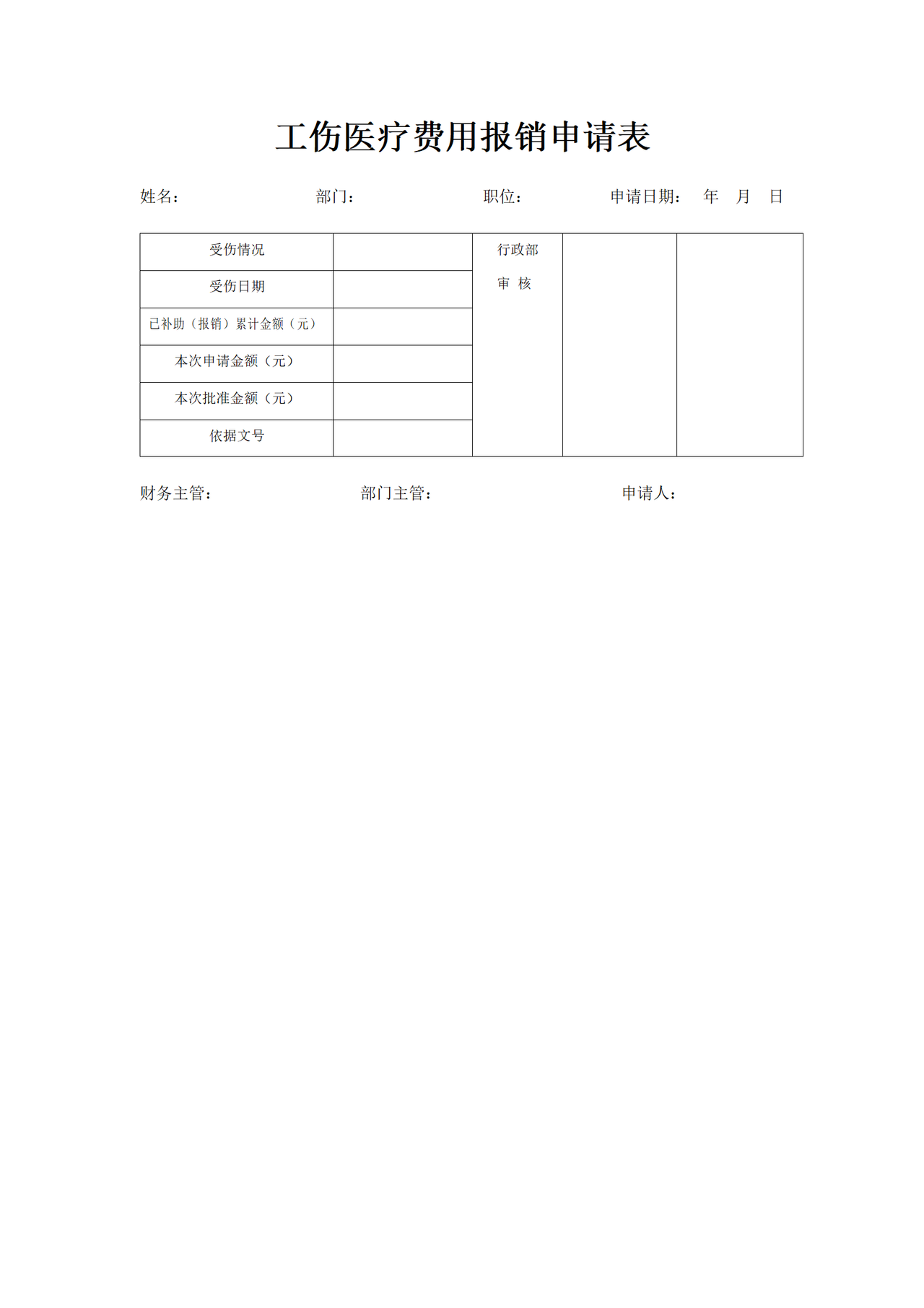 工伤医疗费用报销申请表