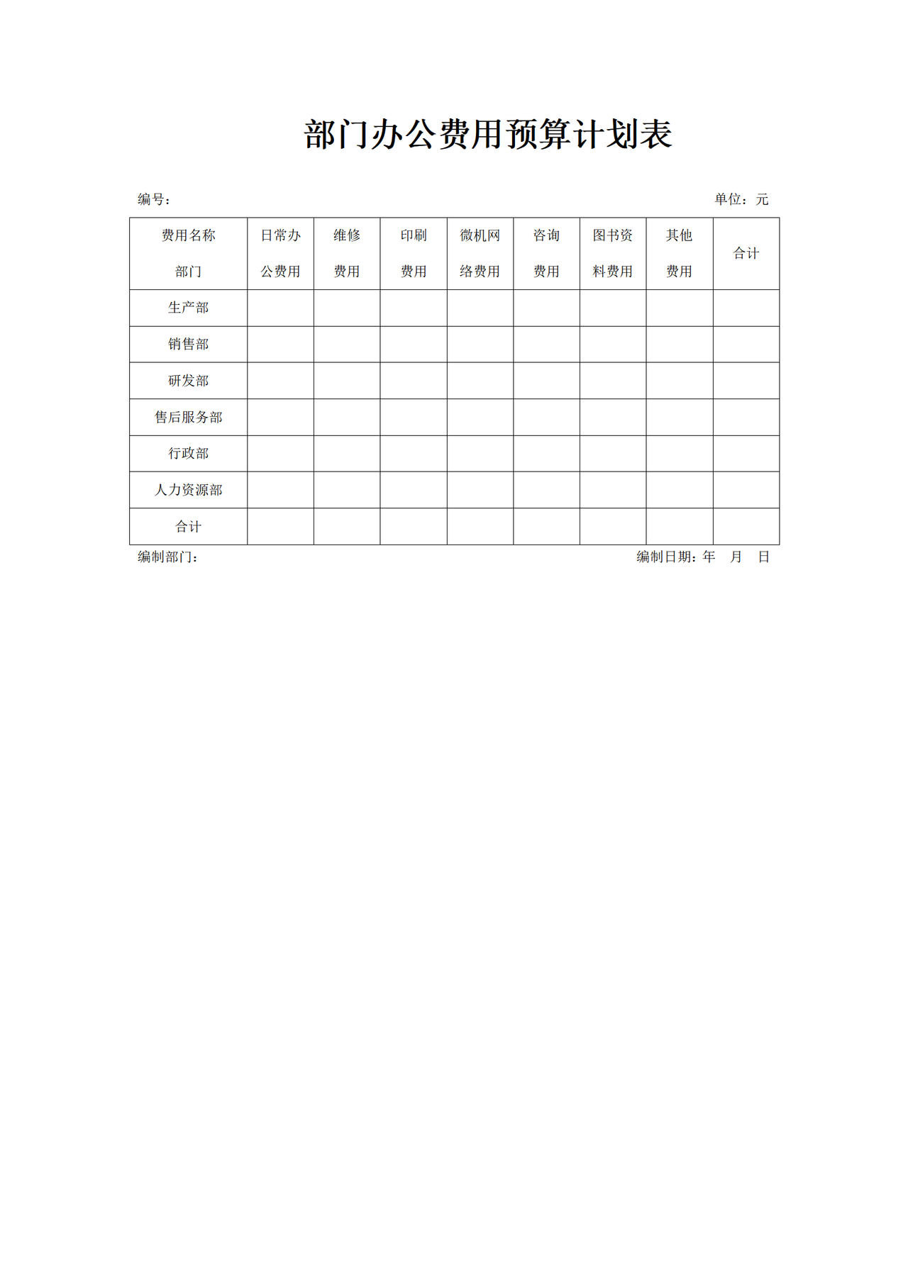 部门办公费用预算计划表