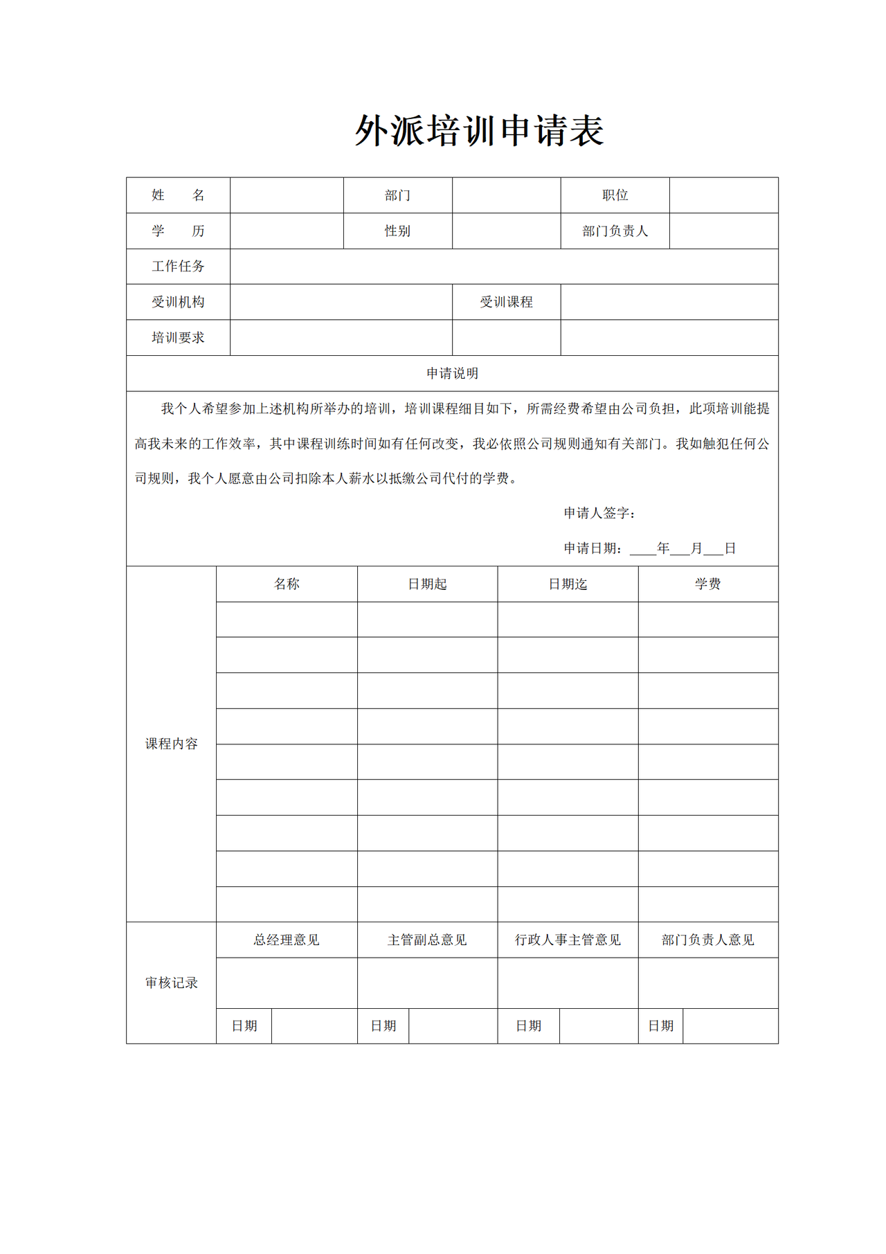 外派培训申请表