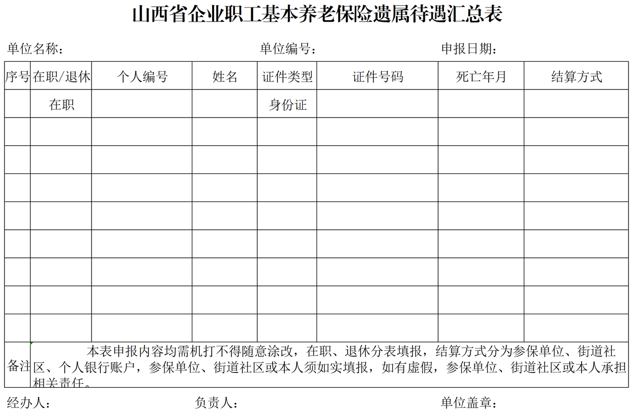 山西省企业职工基本养老保险遗属待遇汇总表