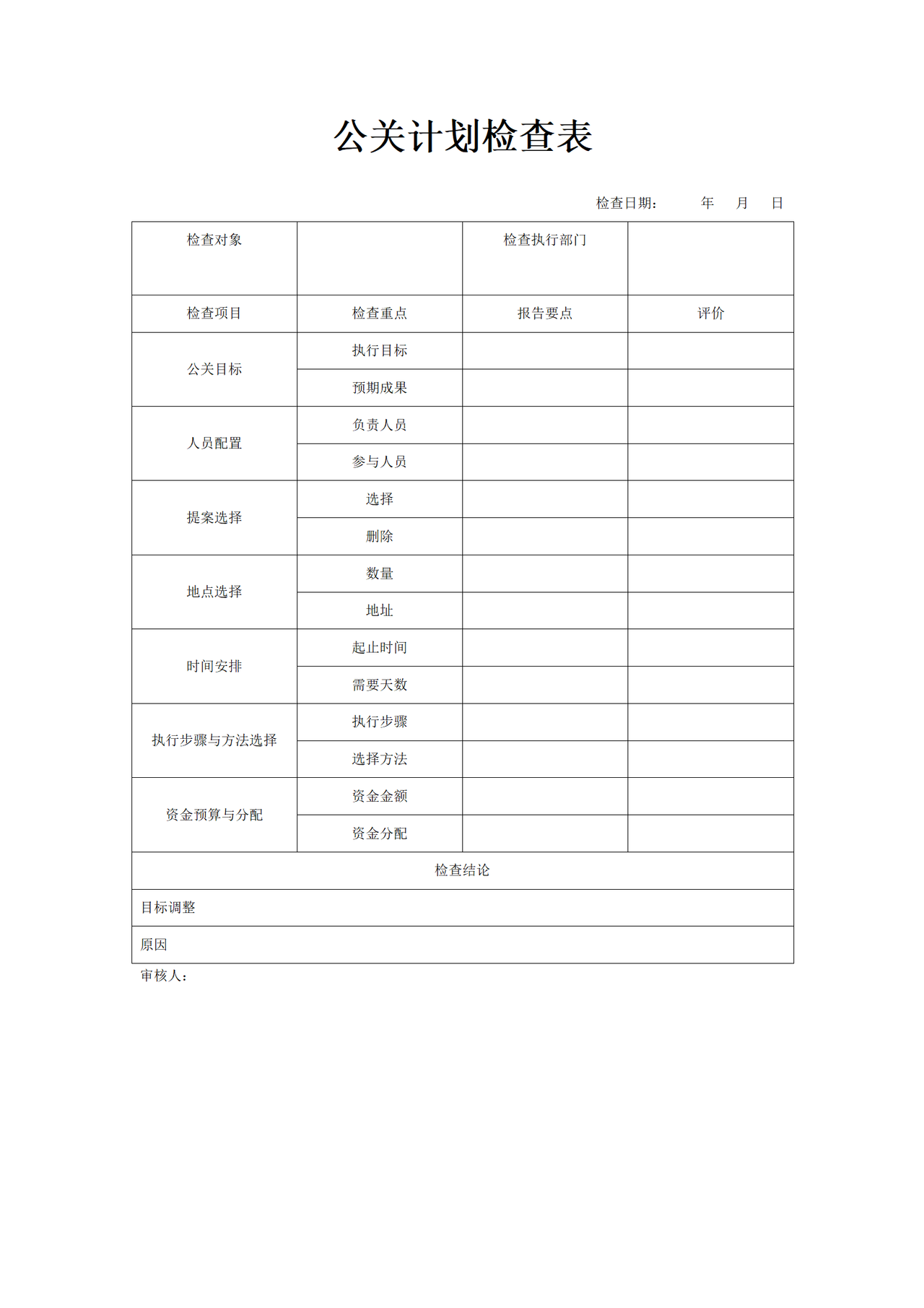 公关计划检查表