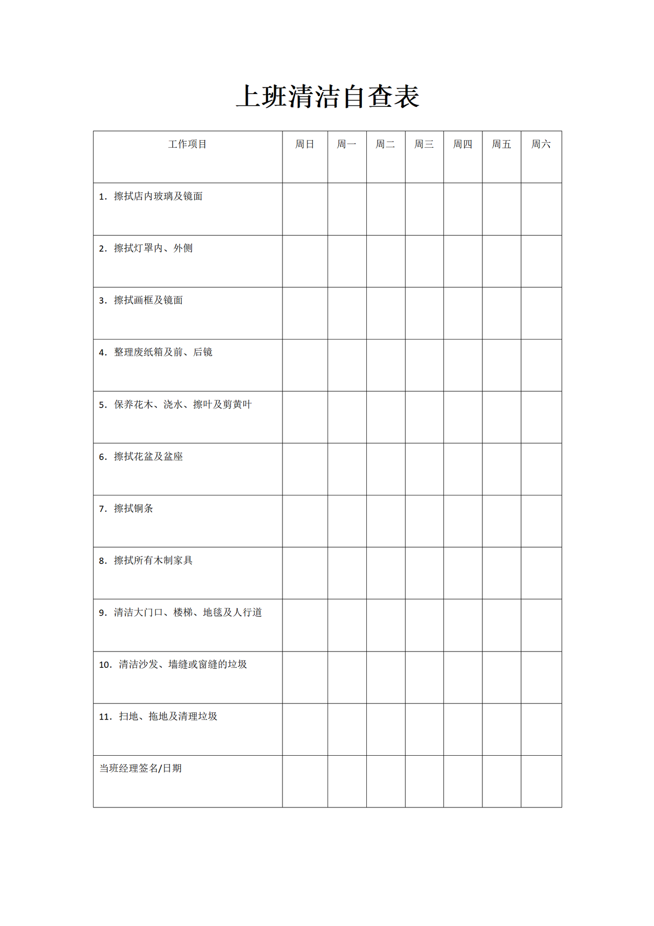 上班清洁自查表