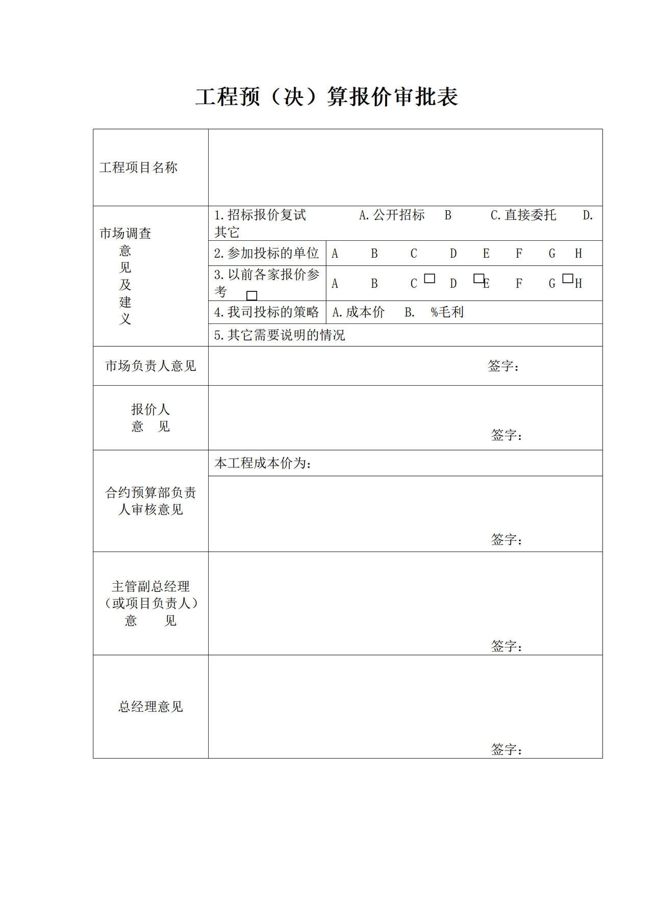 工程预（决）算报价审批表