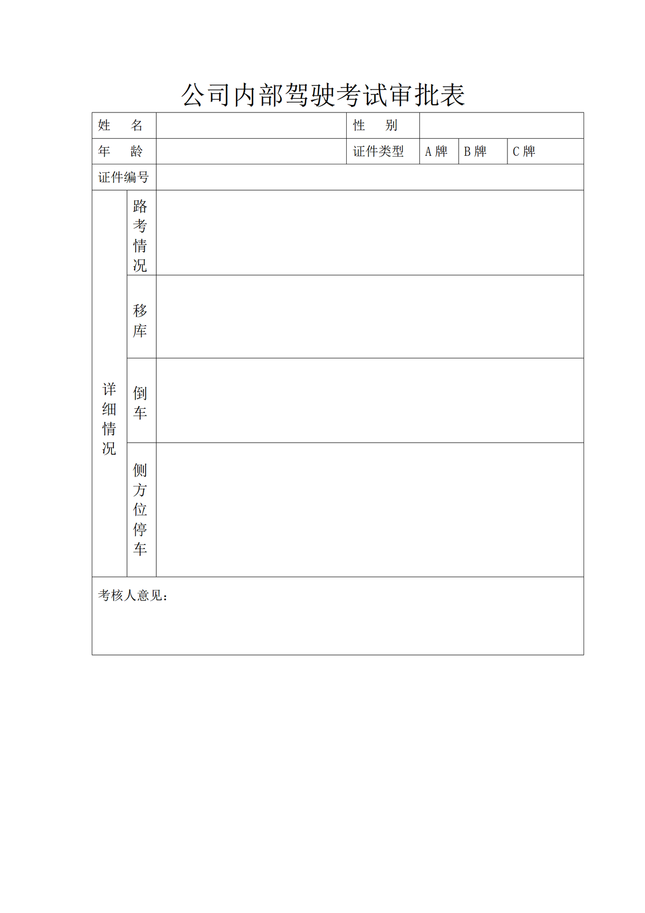 公司内部驾驶考试审批表