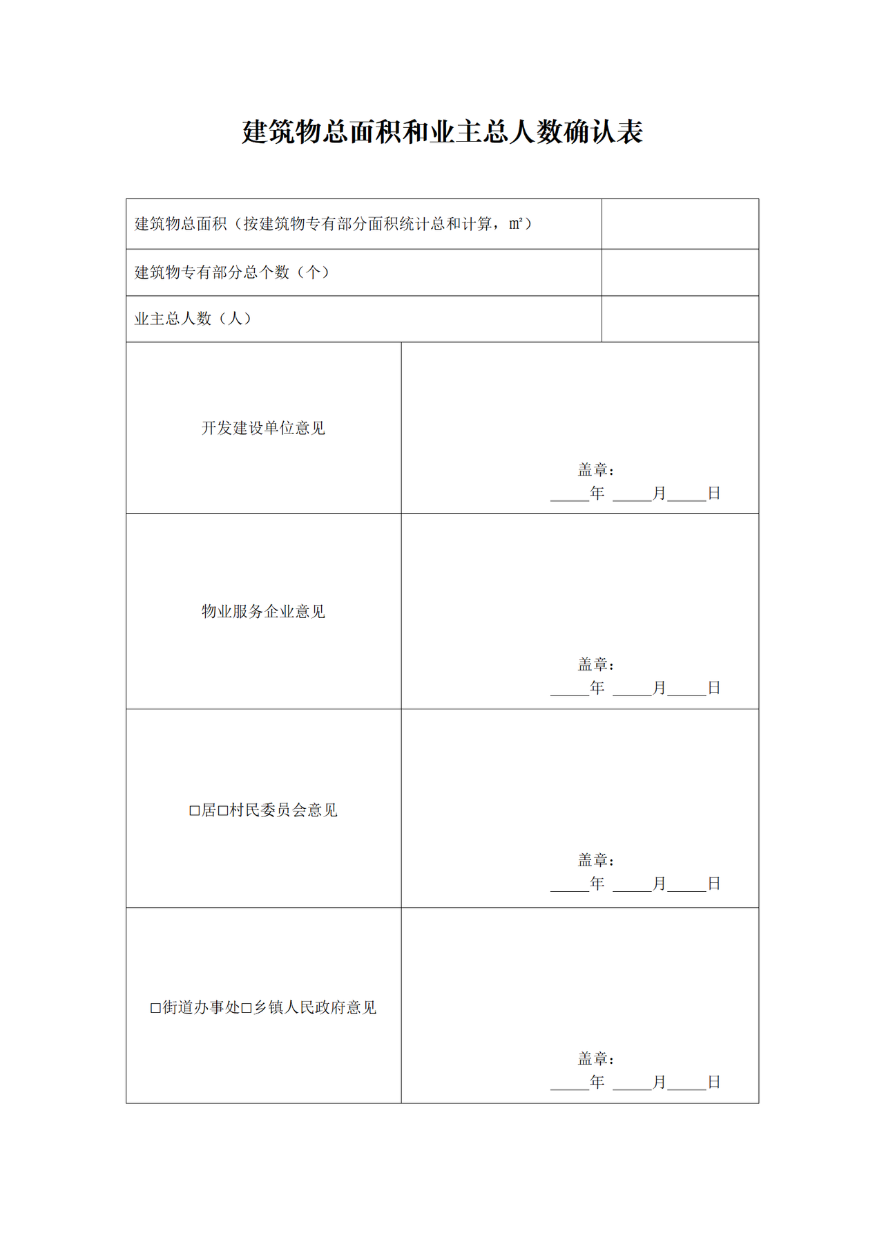 建筑物总面积和业主总人数确认表