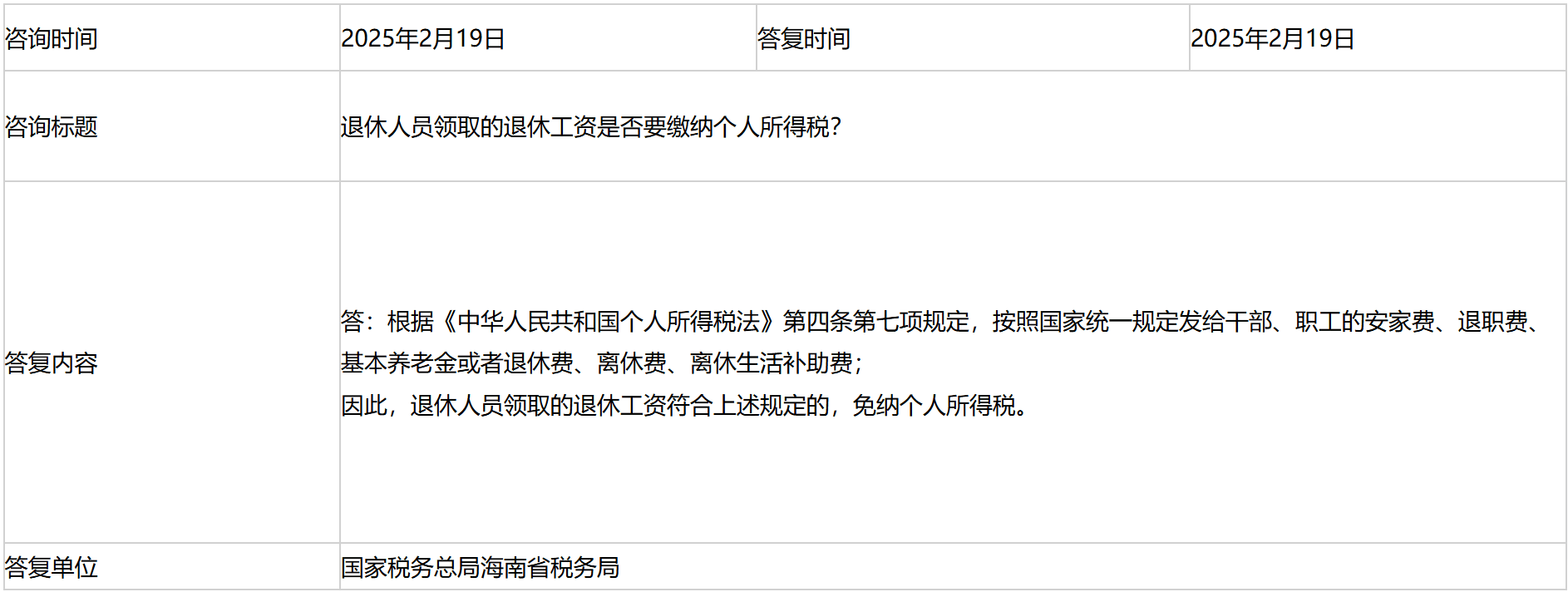 国家税务总局海南省税务局——退休人员领取的退休工资是否要缴纳个人所得税？-1