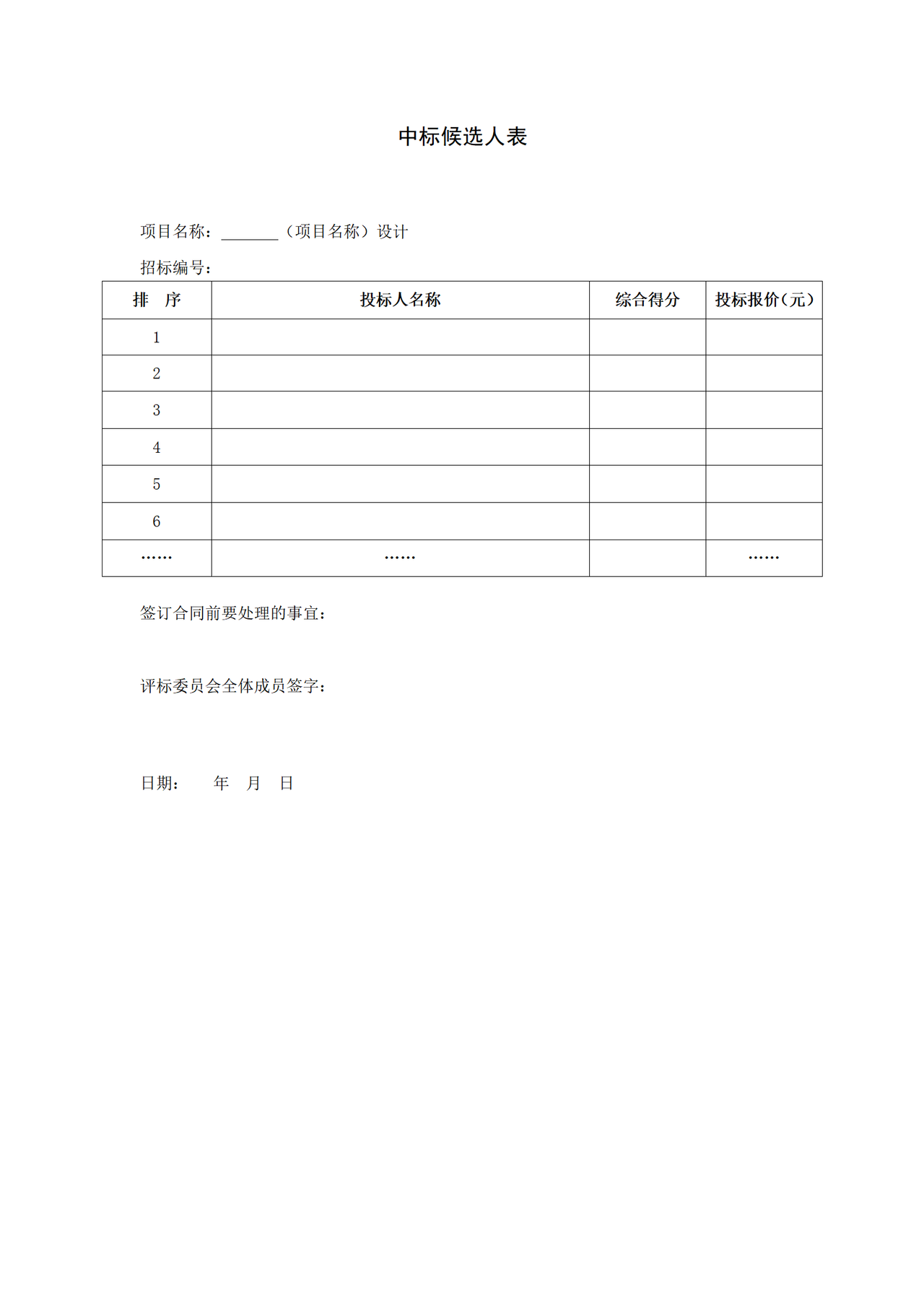 中标候选人表