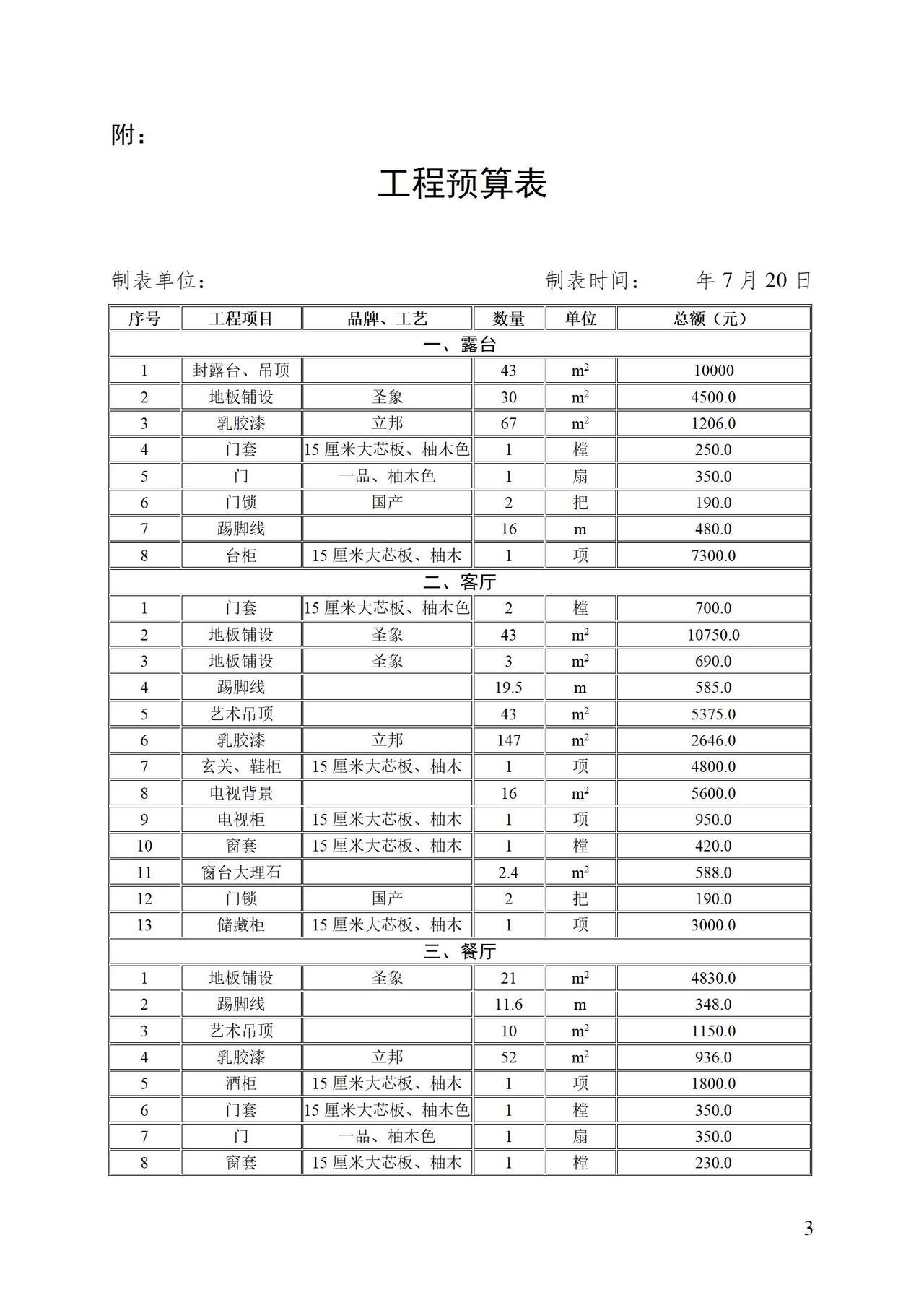 房屋装修合同及预算清单
