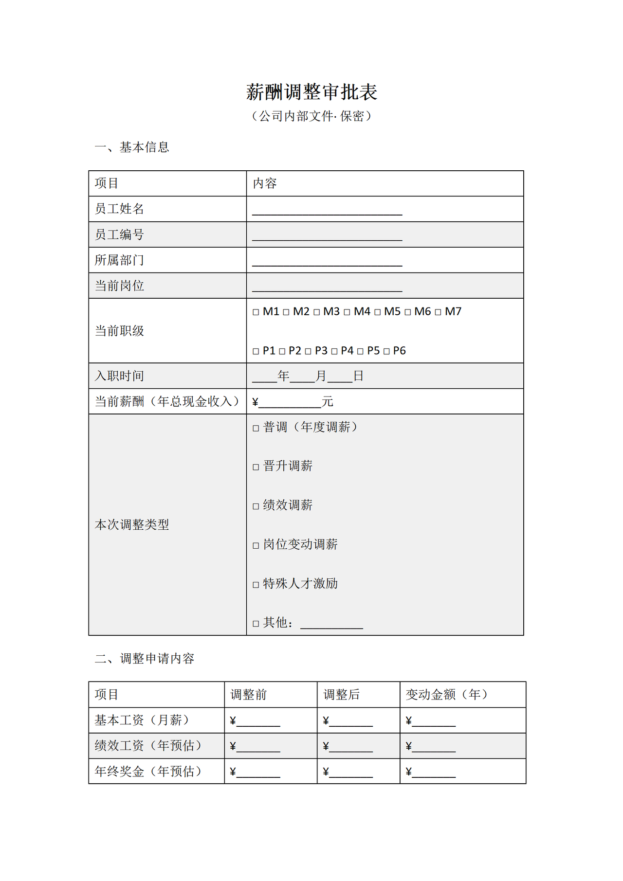 薪酬调整审批表